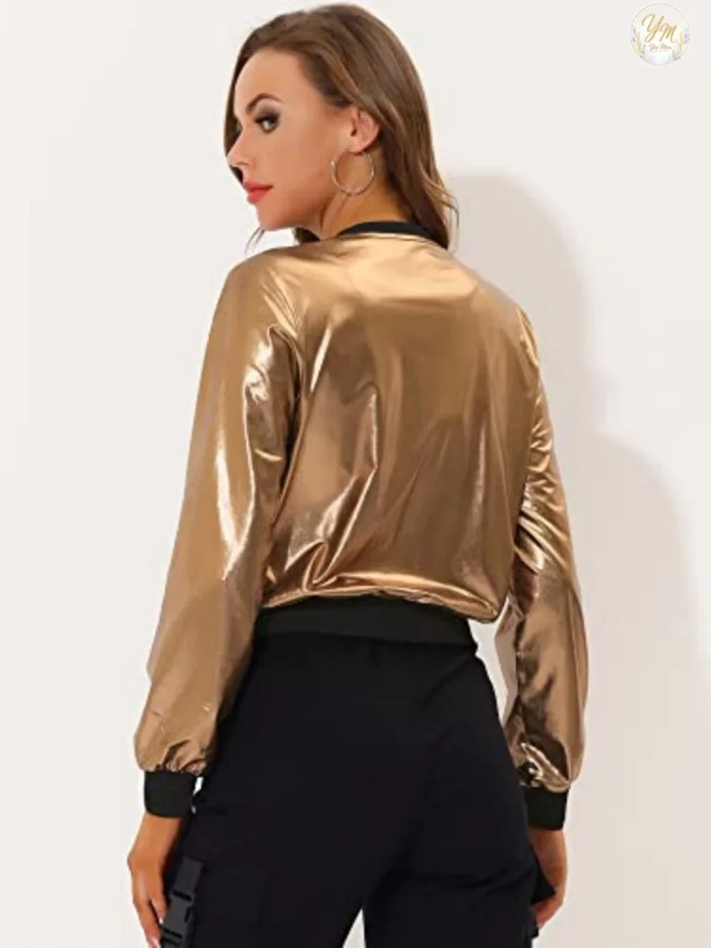 Women's Lightweight Metallic Bomber Jacket with Zip Front